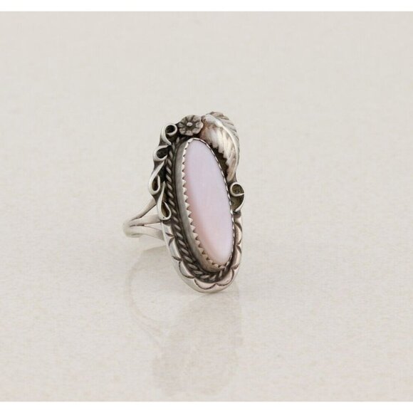 Sterling Silver Pink Mother of Pearl Flower Leaf Ring Size 7 1/4 Signed E - Picture 4 of 7